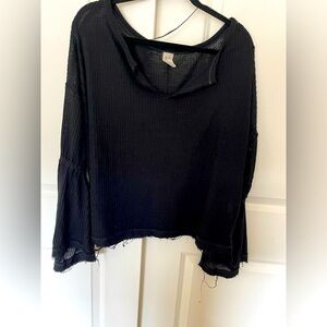 Free People Black Waffle Blouse
